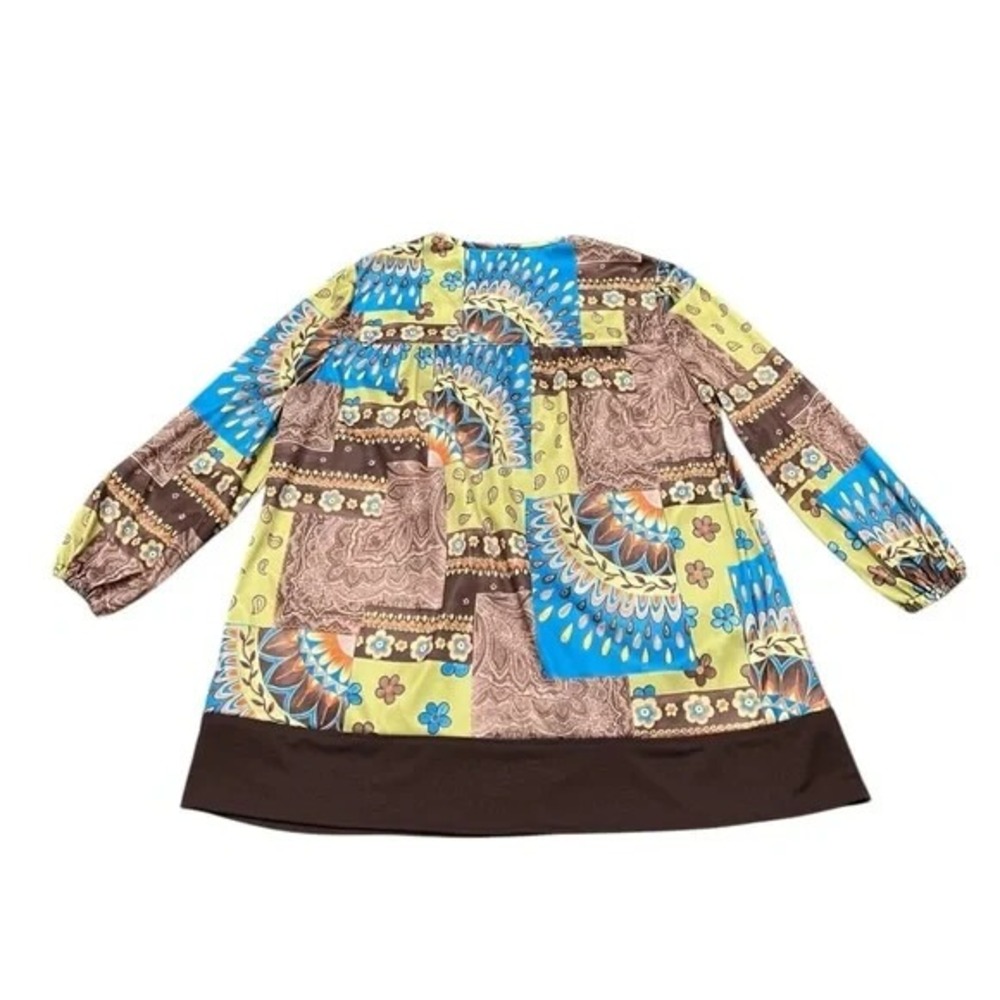 Patchwork Print Tunic Top Blouse Brown Blue Green Long Sleeve Bohemian Style - Picture 2 of 5